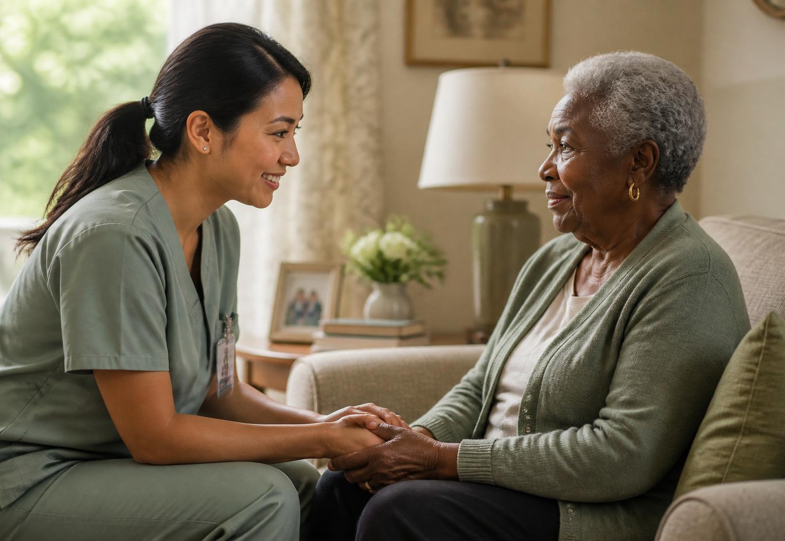 Caring nurse holding the hand of an elderly Black woman in her home
